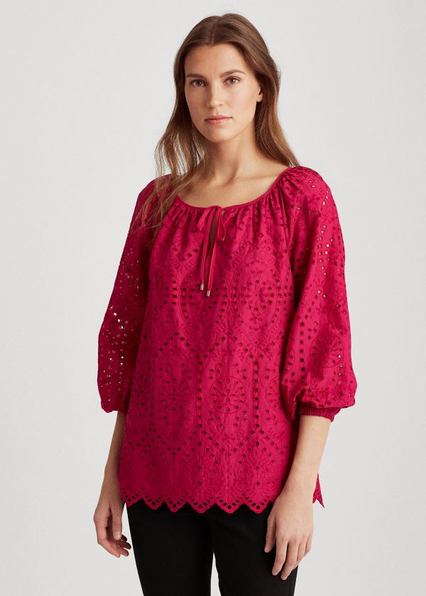 Tops Ralph Lauren Mujer Fucsia Oscuro - Eyelet Elbow-Sleeve - ZMJSK7483